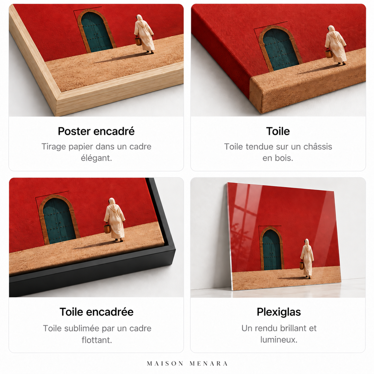 Poster encadré, toile, toile encadrée et plexiglas comparés