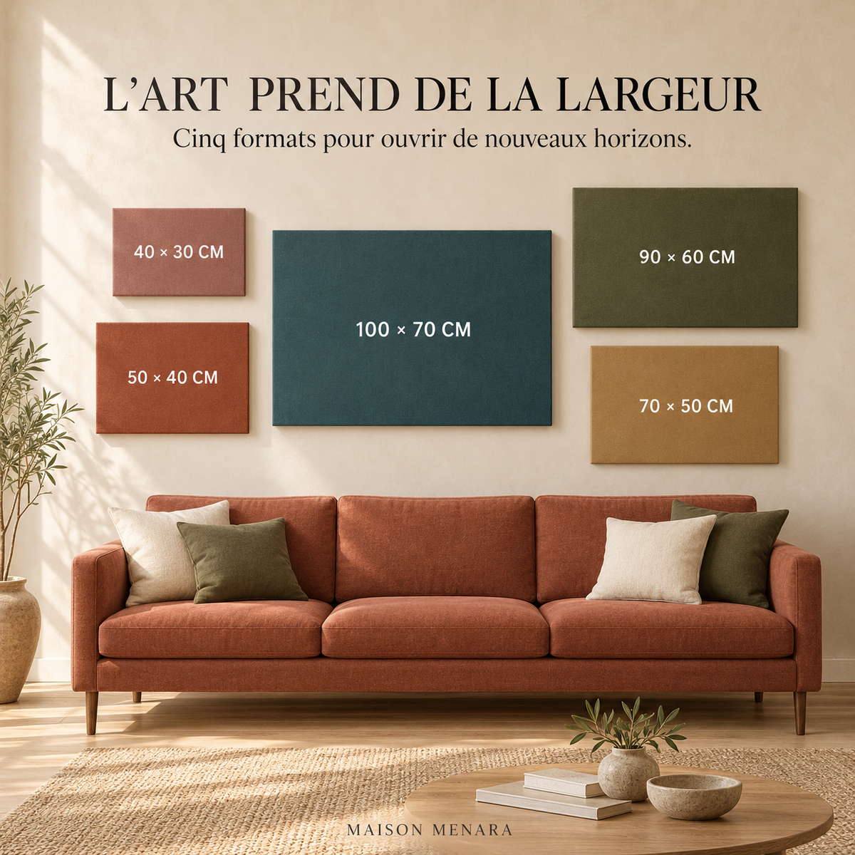 Les cinq formats paysage au-dessus d'un canapé