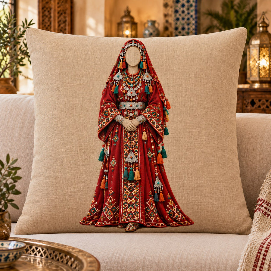 Coussin Silhouette du Souss écarlate, costume de cérémonie rouge