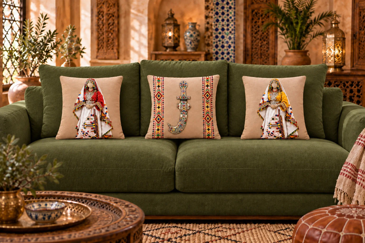 Salon marocain avec canapé, coussins brodés et table basse