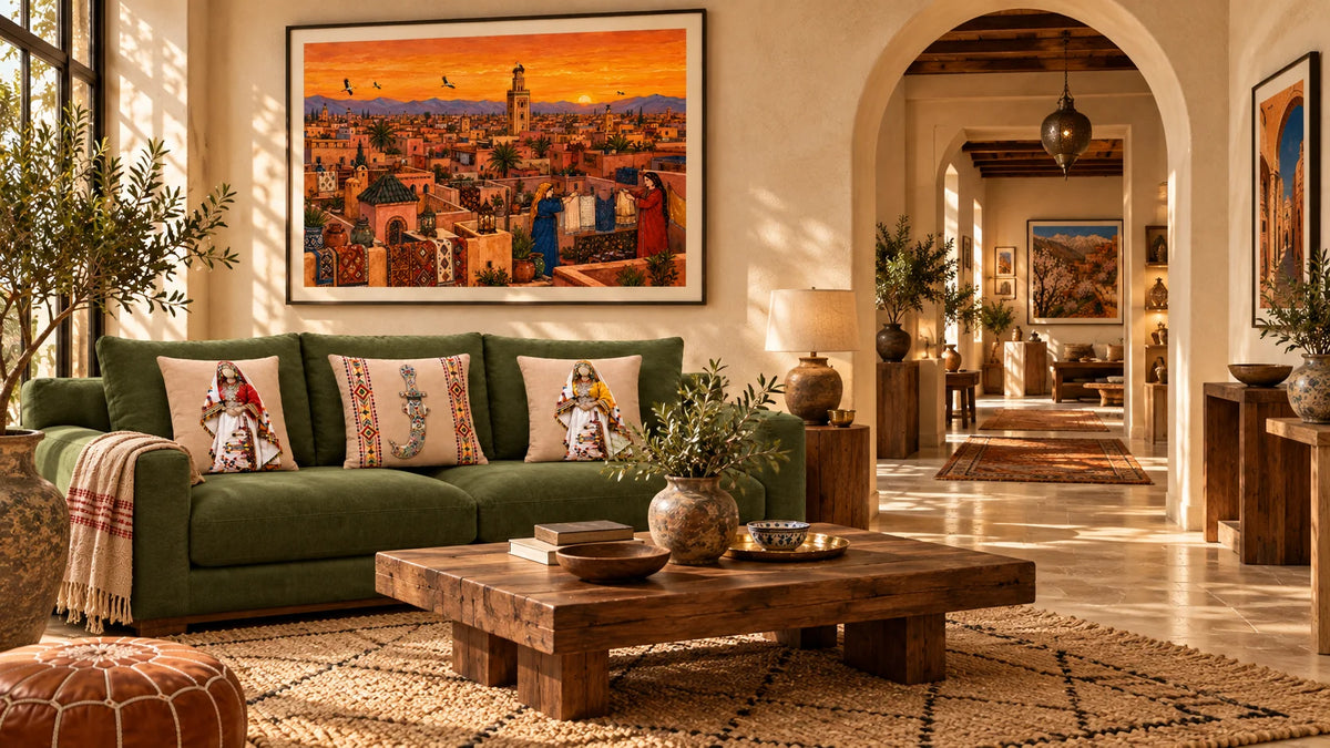 Salon Menara : tableaux et coussins